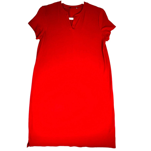 Eileen Fisher Size M T Shirt Dress Red Short Sleeve V-Neck Stretch Holiday Party - Picture 1 of 8